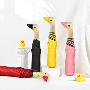 Duck Shape Handle UV Protection Folding Rain Umbrella Black Coating Inside 21 inch Three Fold Wooden Duck Head Umbrella
