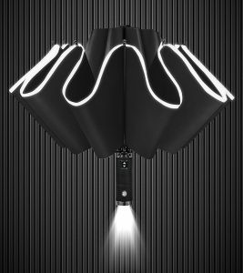 Automatic LED Handle Inverted Folding Umbrella with Safety Reflective Travel Upside Down Business Gifts