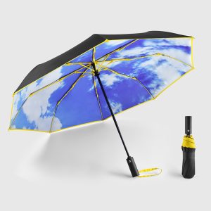 Fully Automatic Special Ribs Three Folded Windproof Double Layers Sky Blue Clouds Inside Full Printed Rain Fold Umbrella