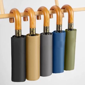 High Quality Luxury Men 3Fold Strong Windproof Automatic Business Custom Logo Printing Rain Umbrella J Wooden Handle