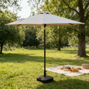 CHINEE 2.3m Garden Umbrella Pearl Beige Round Patio Shade with Iron Pole 6 Ribs Crank Lift and Tilt for Outdoor Seating