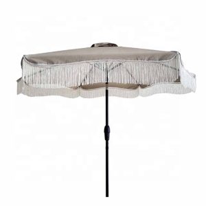 CHINEE 2.3m Luxury Outdoor Crochet Parasol Fringe Edge Decorated Contemporary Foldable Iron Garden Umbrella for Hotel Park