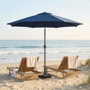CHINEE 2.3m Modern Waterproof Foldable Navy Blue Outdoor Patio Market Umbrella Crank Handle Iron Frame 6 Ribs UV Resistant Hotel Garden