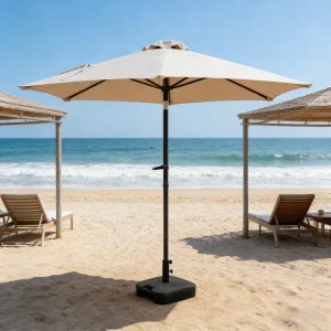 CHINEE 2.3m Pearl Beige Center Pole Patio Umbrella with Crank Tilt 200g DTY Fabric Iron Frame for Garden Balcony Outdoor Use