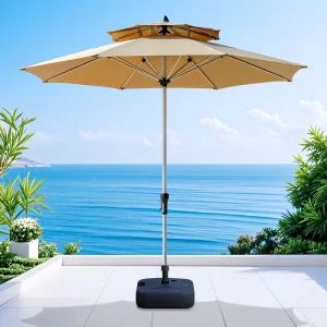 CHINEE 2.7m Modern Foldable Double Top Vented Market Umbrella All Steel Frame Patio Parasol Hand Crank Lift 8 Rib Garden Terrace Caf