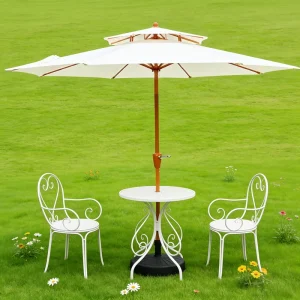 CHINEE 2.7m Modern Foldable Double Top Vented Patio Market Umbrella Heavy Duty All Iron Center Pole Hand Crank Lift Garden Outdoor Cafe