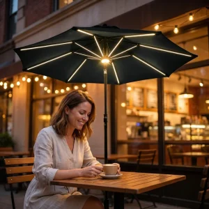 CHINEE 2.7m Modern Foldable Lightweight Patio Parasol Solar LED Light Strips Aluminum Iron Frame for Outdoor Use Cafe Garden Balcony