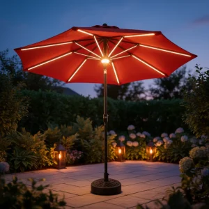 CHINEE 2.7m Olefin Solar Powered Waterproof Foldable Modern Lighted Market Umbrella Warm White LED Bars for Patio Poolside Lounge