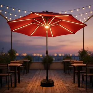 CHINEE 2.7m Solar Waterproof Patio Umbrella LED Light Strips Olefin Canopy Aluminum Ribs Crank Tilt UV Protection Lightweight
