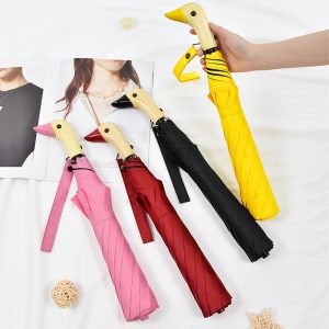 CHINEE 21 Inch Auto Open Two Fold Duck Umbrella Windproof Waterproof Black with UV Protection Wooden Handle Sunshade Travel Rain Series