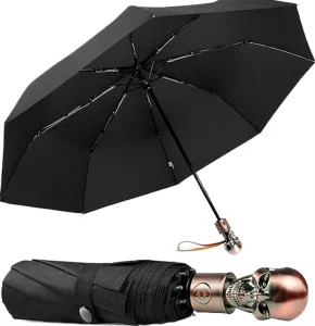 CHINEE 23 Inches 8 Panels Three Folding Waterproof Storm Proof Special Handle Men Business Style Fully Automatic Open Umbrella Skull