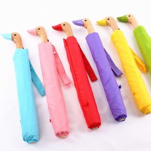 CHINEE 3 Fold Custom Kids Wooden Multi-color Animal Yellow Bird Duck Head Handle Umbrella