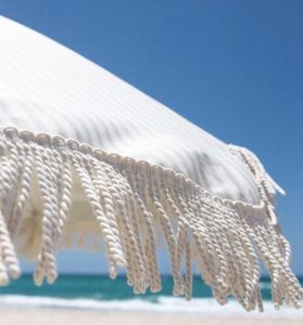 CHINEE 6.5ft Premium Cotton Feel Beach Umbrella Windproof Wood Grain Pole with Tassels Adjustable Sun Shade for Patio & Beach