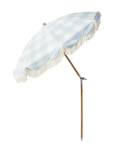 CHINEE Aesthetic Abstract Line Art Beach Parasol Scalloped Design with Cotton Tassels Modern Wooden Pole Sun Shelter for Seaside