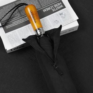 CHINEE Black Fully Automatic Mens Strong Wood Handle Woven Label Umbrella with Zipper Cover