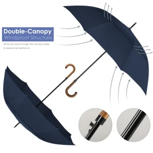 CHINEE Classic Double Canopy Golf Umbrella With Wooden J Handle Large Semi Auto Open Rain Stick Straight Pattern for Adults