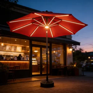 CHINEE Commercial Hotel 2.7m 3m Solar LED Lighted Waterproof Patio Market Umbrella Parasol Rib Strip + Center Light Heavy Duty 8 Rib
