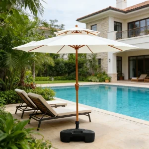 CHINEE Commercial Modern Waterproof Foldable Outdoor Hotel Use Garden Parasol 2.7m Double Top Umbrella All Iron Construction Manual