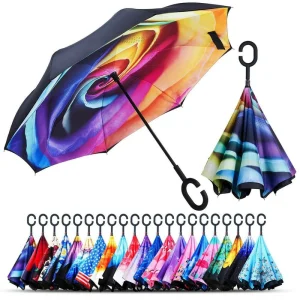 CHINEE Customized Logo Sunny and Rainy Colored Rose Pattern Hands Free C Hand Straight Reverse Umbrellas