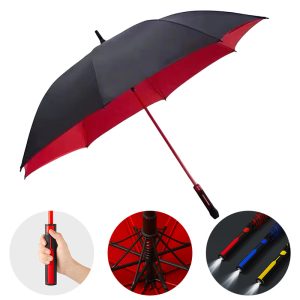 CHINEE Custom Logo LED Flashlight Handle Golf Umbrella Automatic Open Windproof Fiberglass Frame Business Corporate Gift