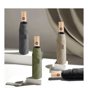 CHINEE Custom Logo Printed Solid Full Color 21 Inch Compact 3 Fold Automatic Rain Umbrella Waterproof Windproof With Wooden Handle