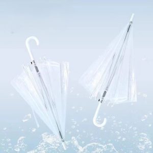 CHINEE Custom Logo Transparent Curved Handle Semi Automatic Open Waterproof Dome Shaped Clear Panel Umbrella Straight Umbrella