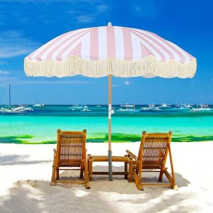 CHINEE Customized Logo Printed Pink Beach Umbrella Parasol Sunshade Tassel Fringe for Outdoor Furniture for Courtyard Hotels Gardens