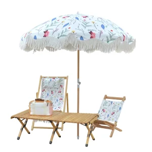 CHINEE Handmade Tassel Beach Umbrella Floral Printed Canvas Ideal for Beach Lounging & Garden Parties