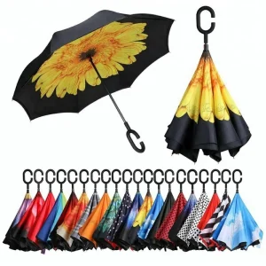 CHINEE Inside Full Print Double Layer Auto Open Close Reverse Inverted C Handle Umbrella Upside Down Umbrella Hand Free Parasol