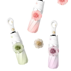 CHINEE Korea Style Fully Automatic Small Flower Umbrella 190t Material with Thick Black Coating UV Protection Three Folding Pattern