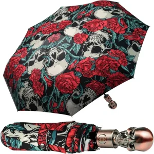 CHINEE Lejorain Mens Black Skull Rose Pattern Automatic Luxury Travel Windproof Compact Portable Strong Lightweight Rain Umbrella
