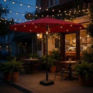 CHINEE Lighted Patio Umbrella 2.3m Solar LED Garden Parasol with 18 LED Lights Crank System Tilt Pole for Outdoor Deck Cafe