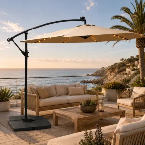 CHINEE Luxury 10ft Outdoor LED Banana Umbrella Cantilever Offset Parasol UV Protection Waterproof for Garden Cafe Terrace Seating