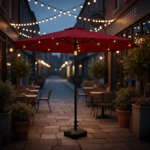 CHINEE Modern Foldable Outdoor Solar LED Market Umbrella 2.3m Burgundy Patio Parasol Crank Lift Tilt Aluminum Pole Waterproof Fabric