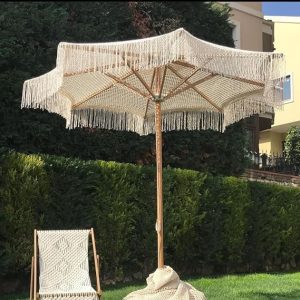 CHINEE Modern Luxury 2.5M Steel Cotton Patio Umbrella Tassels Ropes Wooden Pole for Outdoor Garden Beach Sun Shelter for Hotels Parks