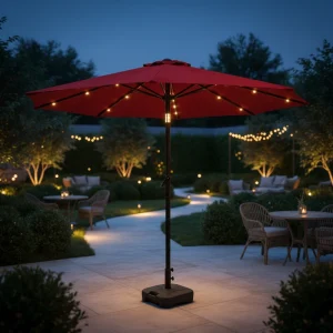 CHINEE Modern Solar Powered Foldable Patio Umbrella 2.3m LED Lighted Market Parasol Crank Lift Tilt Waterproof Fabric for Hotel Garden