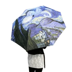 CHINEE Modern Starry Oil Painting Umbrella Three Folding Sunshade for Women Manual Travel Pongee Rain