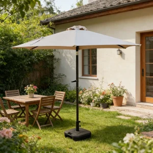 CHINEE Modern Waterproof 2.3m Outdoor Sun Umbrella Pearl Beige Self Lock Crank Aluminum Tilt Iron Pole for Patio Shade Garden Deck