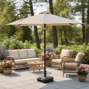 CHINEE Modern Waterproof Garden Patio Sun Umbrella 2.3m Pearl Beige Canopy Crank Lift Tilt Iron Frame Outdoor Furniture Set Hotel Park