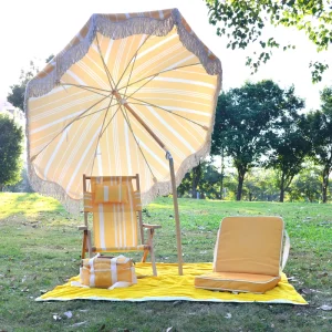 CHINEE OEM Custom Print Cabana Stripe Beach Umbrella Personalized Logo Wooden Parasol with Cotton Fringe for Brand Marketing