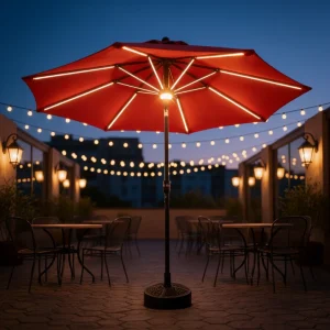 CHINEE Outdoor 2.7m Olefin Solar Lighted Patio Umbrella Round Center Pole Parasol with LED Ribs Crank Handle for Bistro Deck Dining