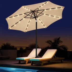 CHINEE Outdoor Patio Umbrella Center Pole Iron European Design 3m Radii Foldable Crank Tilt Function Built in LED UV Silk Screen