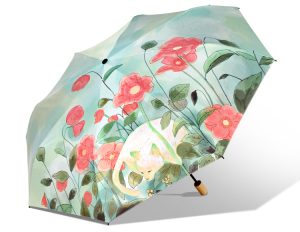 CHINEE Rain Sun 3 Fold Umbrella Custom Logo Wooden Handle Cat Floral Print Wmbrella Screen Printed