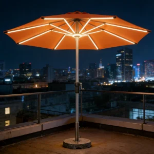 CHINEE Rechargeable Solar LED Foldable Aluminum Patio Umbrella Warm White Light Bars Crank Ring Light Waterproof UV Resistant Hotel