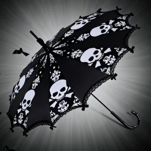 CHINEE Retro Black Lace Pagoda Tower Umbrella Manual Skull Pattern Halloween Adult Party Parasol