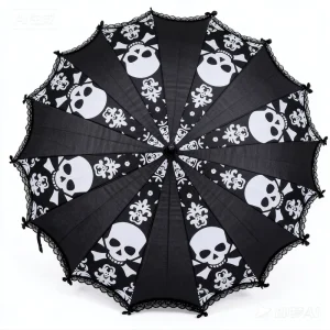 CHINEE Retro Black Lace Pagoda Umbrella Manual Control Skull Pattern Halloween Adult Party Parasol