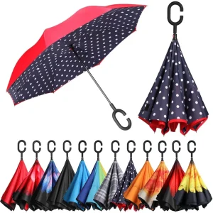 CHINEE Self standing Double Layer Inverted Umbrella Hands free C Handle Reverse Parasol for Boutique Hotel Entry & Concierge Decor