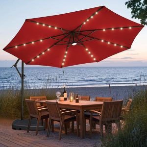 CHINEE Solar LED Lighted Waterproof Foldable Cantilever Patio Umbrella All Iron Frame Powder Coated Offset Banana Parasol No Tilt