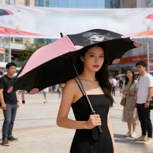 CHINEE Unique Star Shaped Blunt Company Umbrella with Pink Edge UV Resistant Pongee No Drip Folding for Office Workers & Travel Gifts