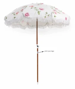 CHINEE Vintage Floral Beach Umbrella with Cotton Fringe Boho Wood Pole Parasol Aesthetic Botanical Sunshade for Vacation